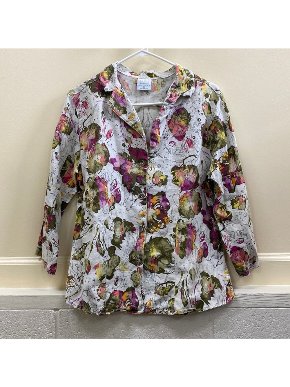 CLICK by Color me Cotton women’s Large linen floral print button down blouse top